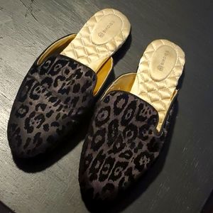 Birdies Womens Leopard Velvet Slides with Gold